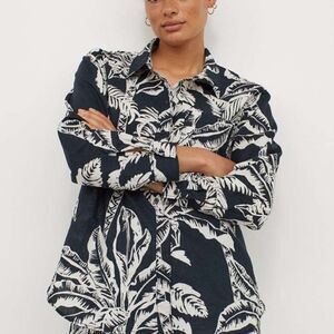 H&M Tropical Print Linen Blend Button Down Shirt